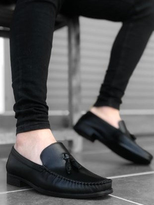 BA0164 İçi Dışı Hakiki Deri Siyah Püsküllü Loefer Klasik Erkek Ayakkabı