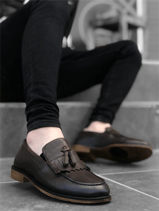 BA0165 İçi Dışı Hakiki Deri Kahverengi Püsküllü Loefer Klasik Erkek Ayakkabı